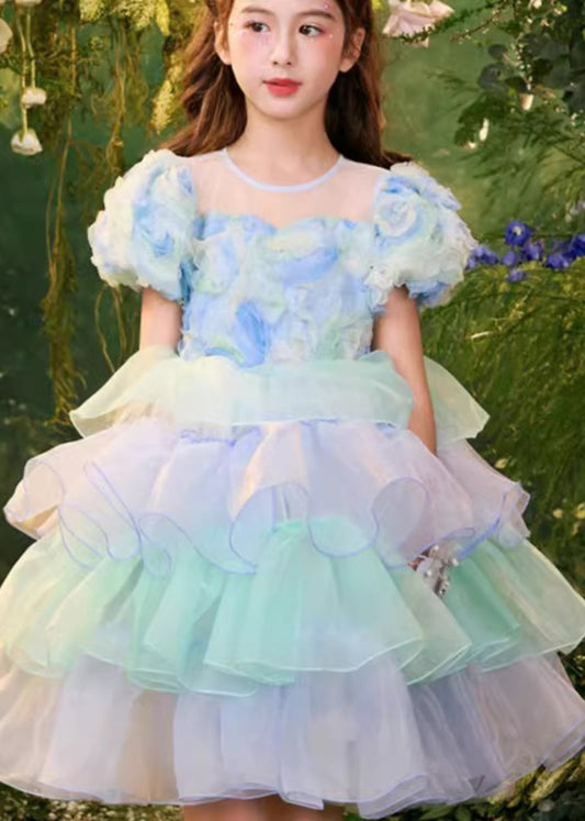 Beautiful Colorblock O-Neck Tulle Patchwork Girls Mid Dress Summer