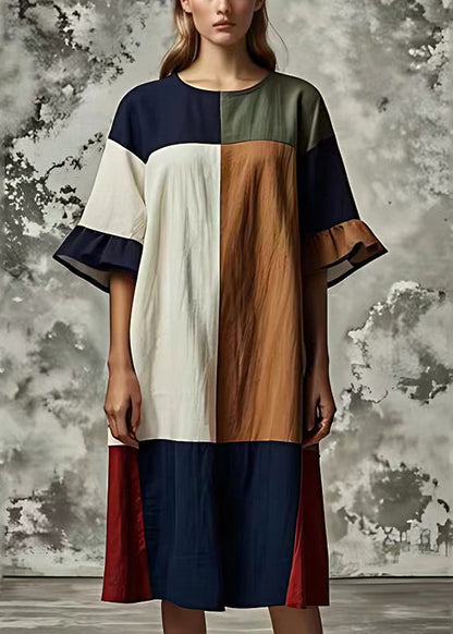 Beautiful Colorblock Oversized Patchwork Cotton Dresses Flare Sleeve