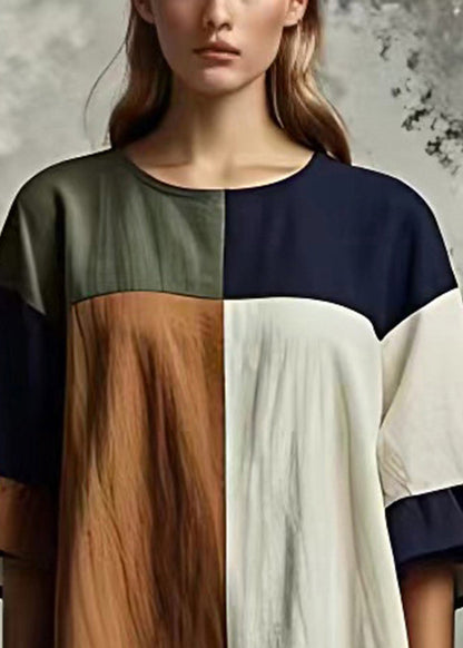Beautiful Colorblock Oversized Patchwork Cotton Dresses Flare Sleeve