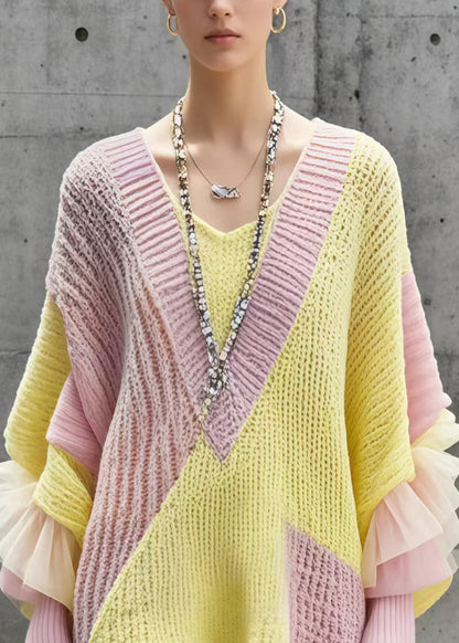 Beautiful Colorblock Oversized Patchwork Long Sweater Batwing Sleeve