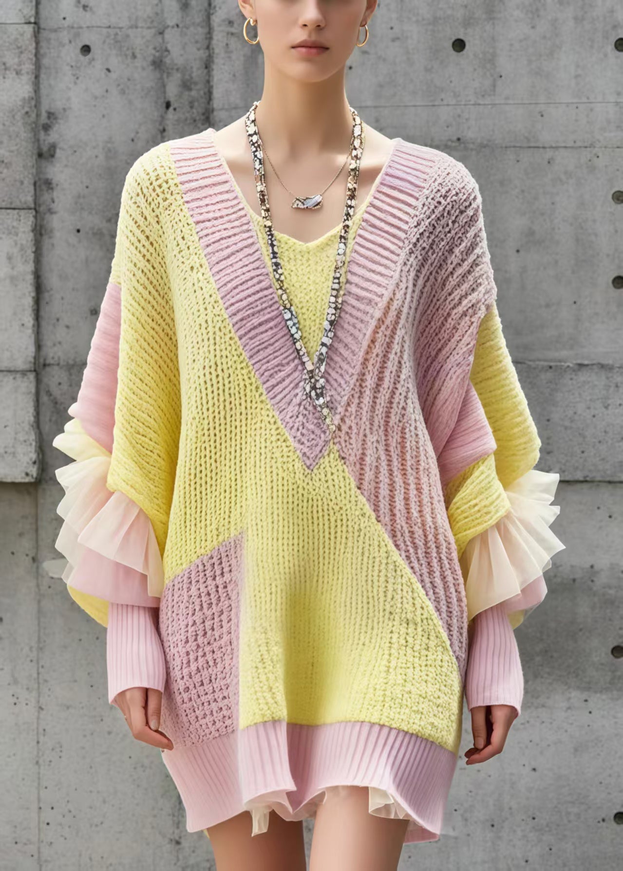 Beautiful Colorblock Oversized Patchwork Long Sweater Batwing Sleeve