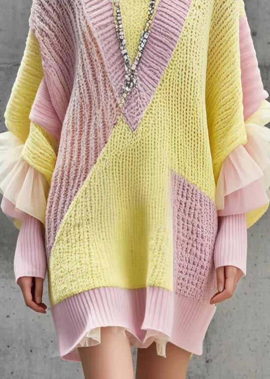 Beautiful Colorblock Oversized Patchwork Long Sweater Batwing Sleeve