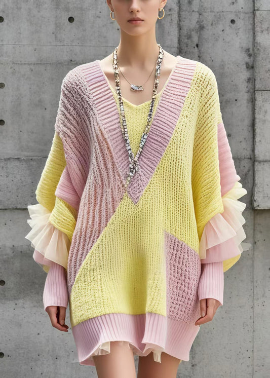Beautiful Colorblock Oversized Patchwork Long Sweater Batwing Sleeve