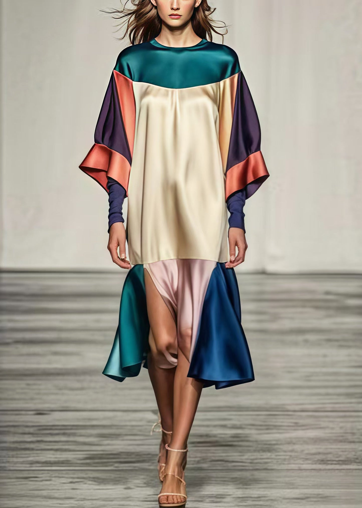 Beautiful Colorblock Oversized Patchwork Side Open Silk Dress Summer