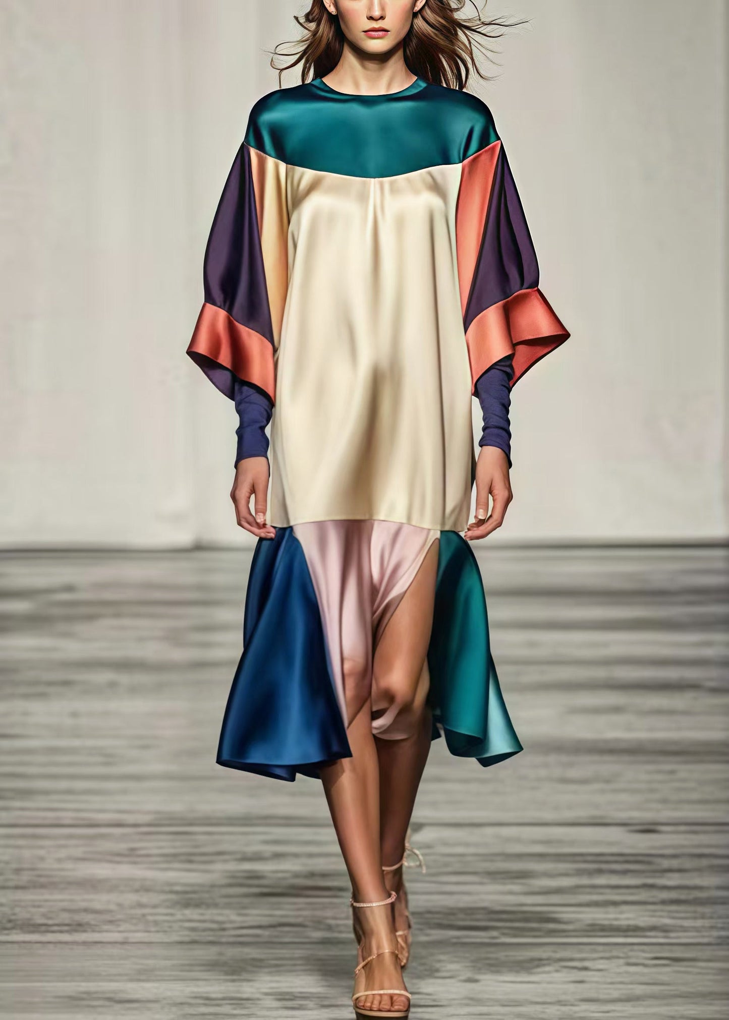 Beautiful Colorblock Oversized Patchwork Side Open Silk Dress Summer