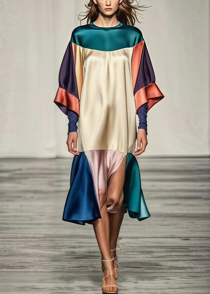 Beautiful Colorblock Oversized Patchwork Side Open Silk Dress Summer