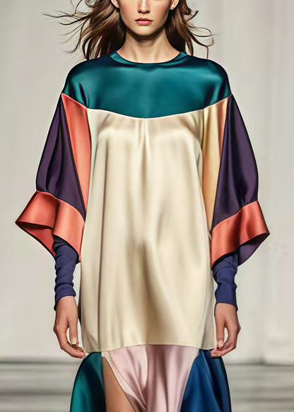 Beautiful Colorblock Oversized Patchwork Side Open Silk Dress Summer