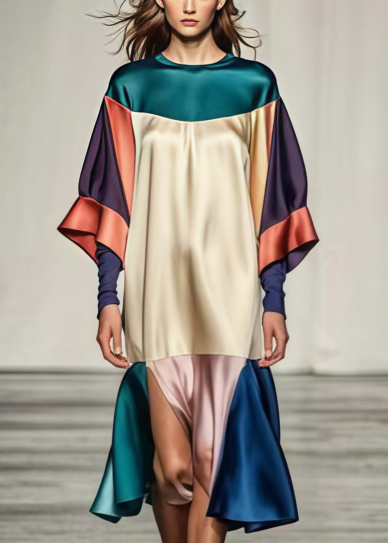 Beautiful Colorblock Oversized Patchwork Side Open Silk Dress Summer