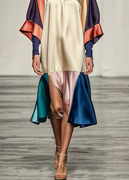 Beautiful Colorblock Oversized Patchwork Side Open Silk Dress Summer
