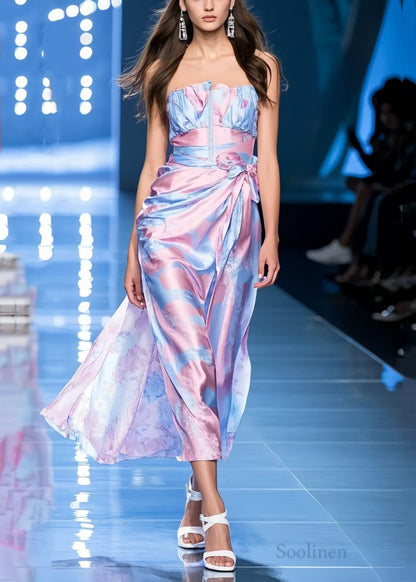 Beautiful Colorblock Print Bow Ice Silk Vestidos Strapless Dress