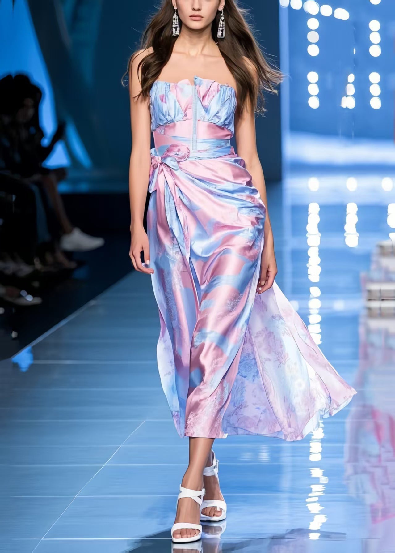 Beautiful Colorblock Print Bow Ice Silk Vestidos Strapless Dress