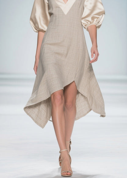 Beautiful Colorblock Puff Sleeve Patchwork Linen Silk Dresses