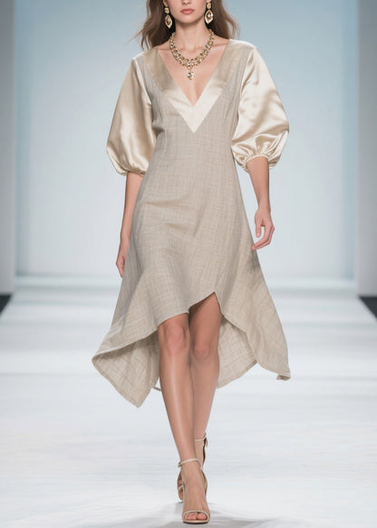 Beautiful Colorblock Puff Sleeve Patchwork Linen Silk Dresses
