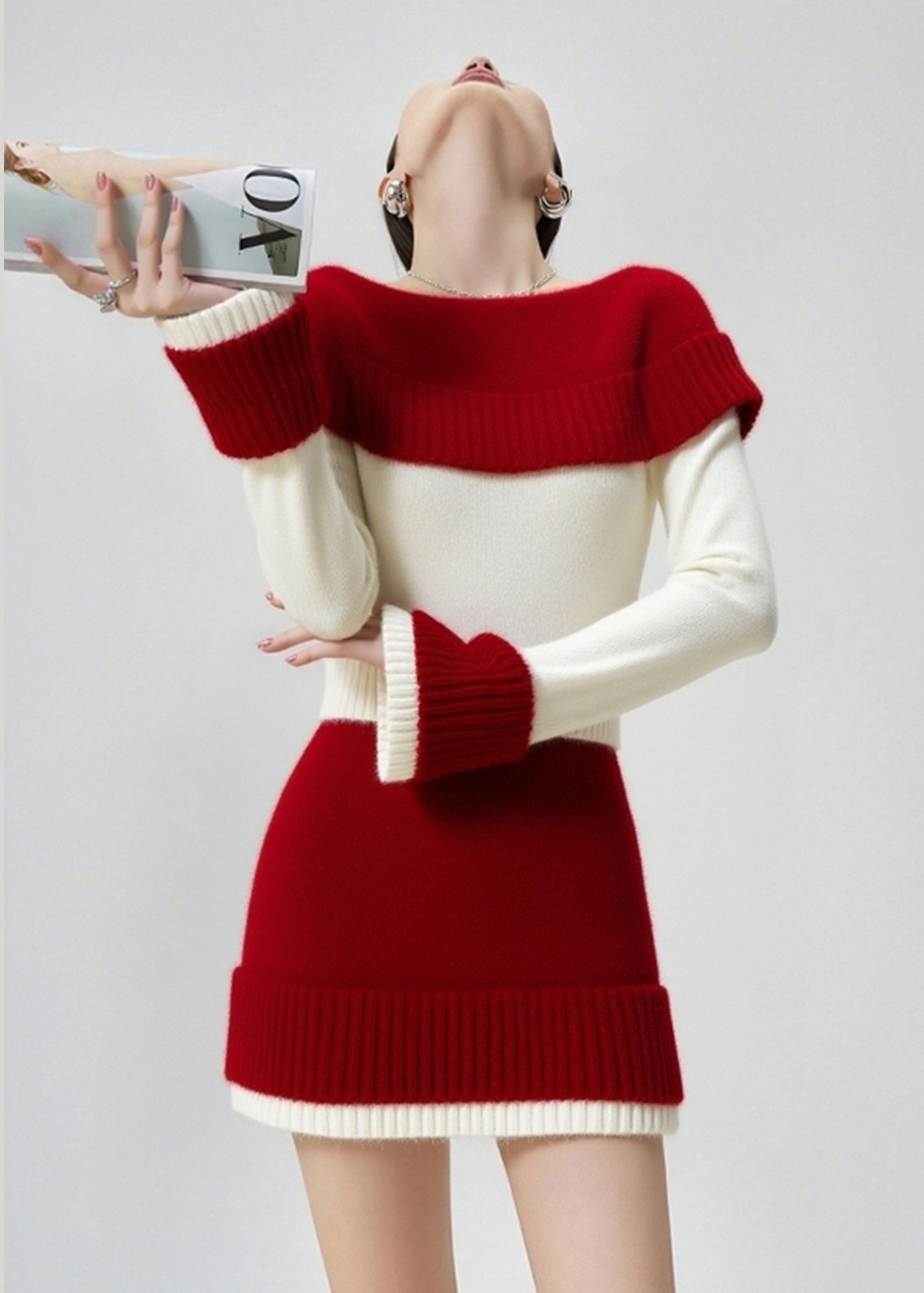Beautiful Colorblock Slash Neck Patchwork Knit Sweater And Skirt Two Pieces Set Fall