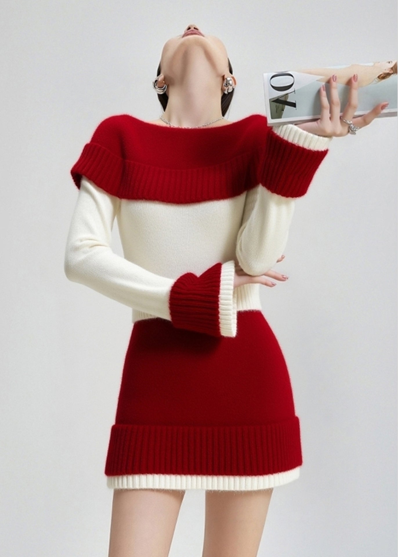 Beautiful Colorblock Slash Neck Patchwork Knit Sweater And Skirt Two Pieces Set Fall