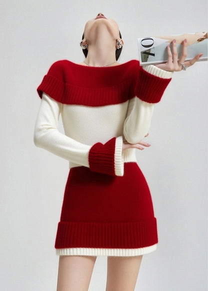 Beautiful Colorblock Slash Neck Patchwork Knit Sweater And Skirt Two Pieces Set Fall