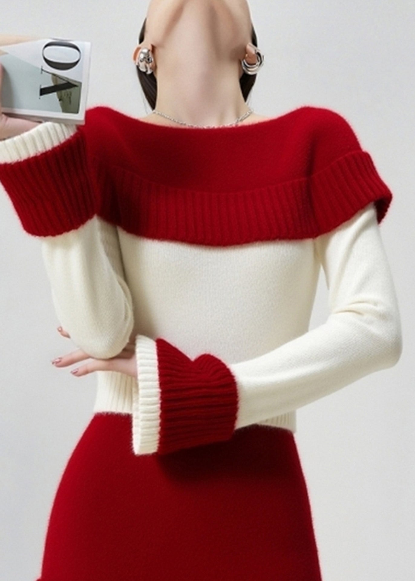 Beautiful Colorblock Slash Neck Patchwork Knit Sweater And Skirt Two Pieces Set Fall