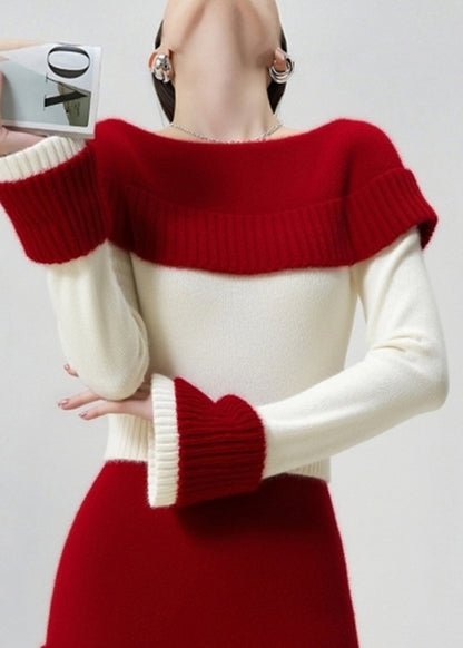Beautiful Colorblock Slash Neck Patchwork Knit Sweater And Skirt Two Pieces Set Fall