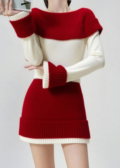 Beautiful Colorblock Slash Neck Patchwork Knit Sweater And Skirt Two Pieces Set Fall