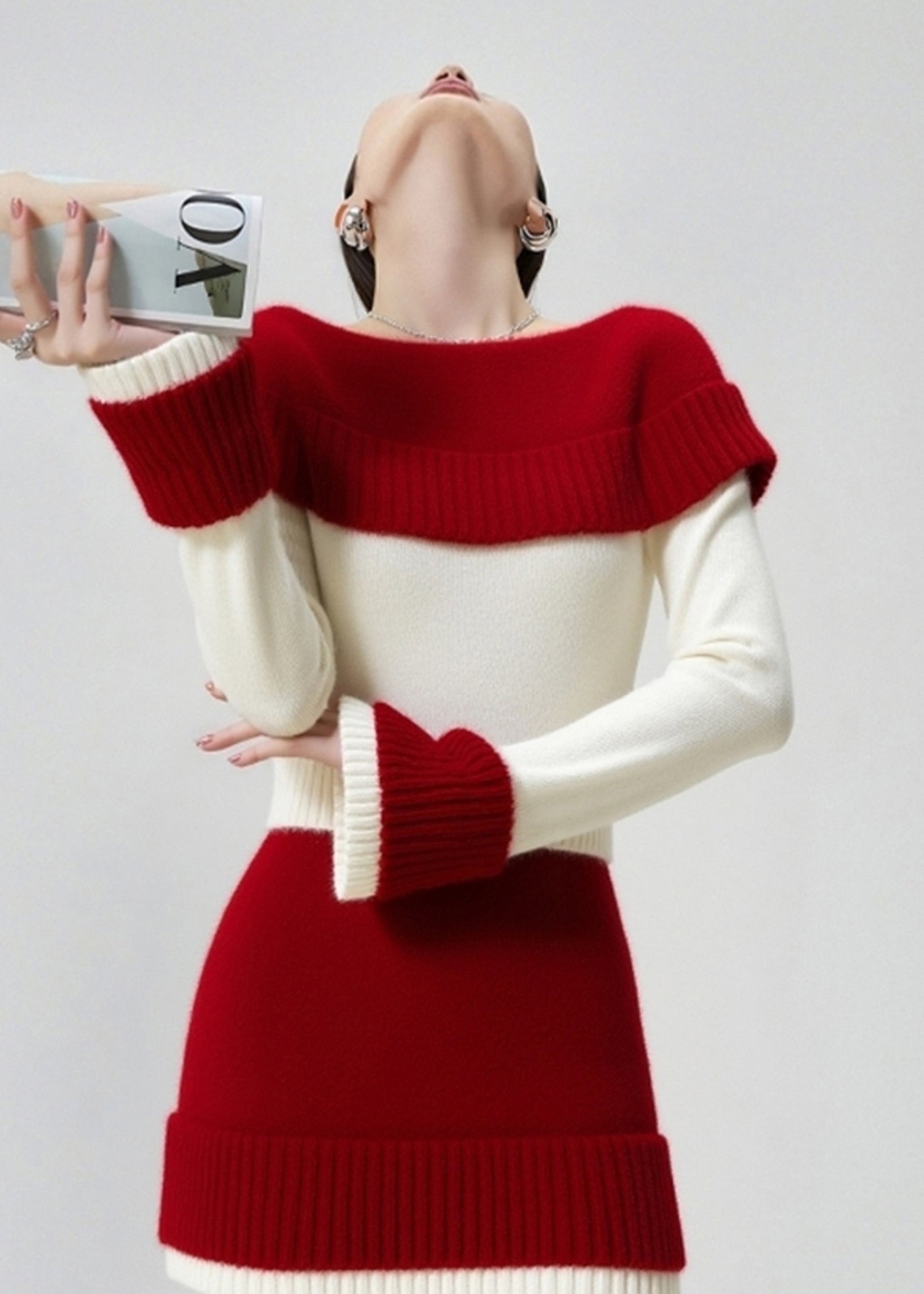 Beautiful Colorblock Slash Neck Patchwork Knit Sweater And Skirt Two Pieces Set Fall