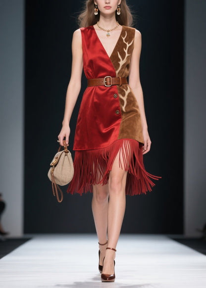 Beautiful Colorblock Tassel Patchwork Velvet Dresses Sleeveless