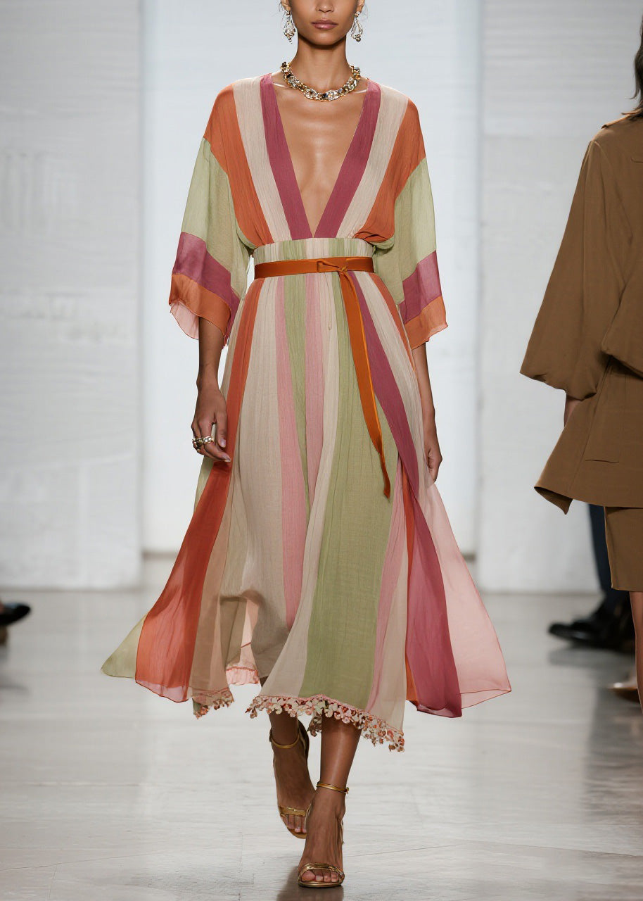 Beautiful Colorblock V Neck Patchwork Cotton Long Dresses Summer