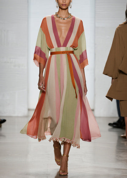 Beautiful Colorblock V Neck Patchwork Cotton Long Dresses Summer