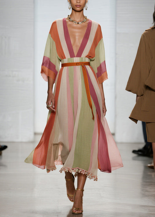 Beautiful Colorblock V Neck Patchwork Cotton Long Dresses Summer