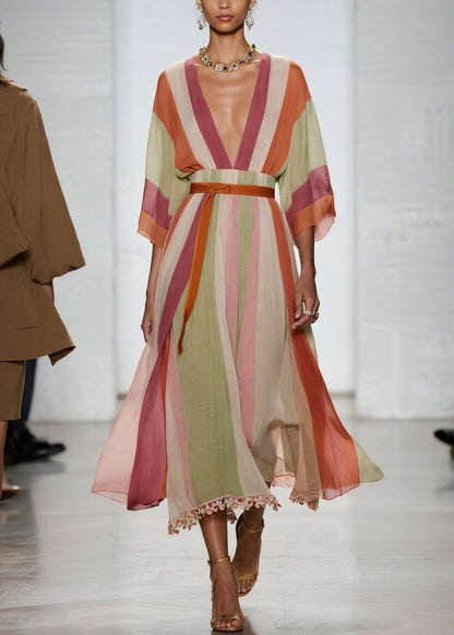 Beautiful Colorblock V Neck Patchwork Cotton Long Dresses Summer