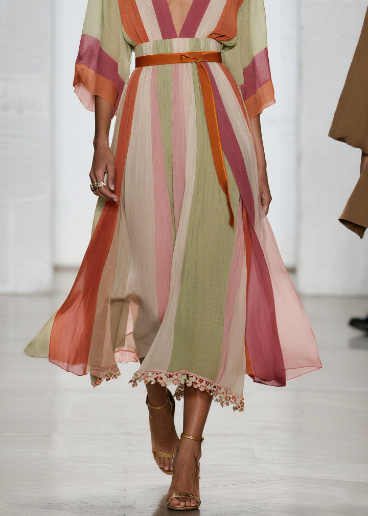 Beautiful Colorblock V Neck Patchwork Cotton Long Dresses Summer