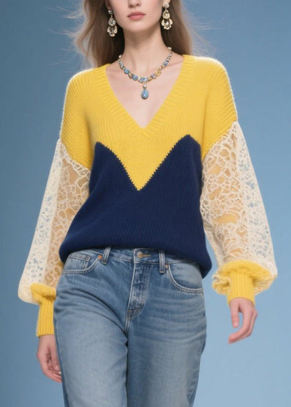 Beautiful Colorblock V Neck Patchwork Lace Knit Pullover Winter