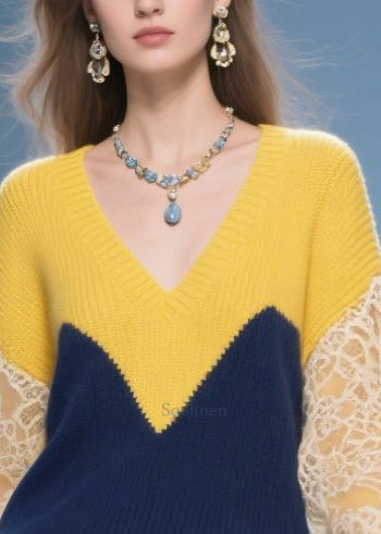 Beautiful Colorblock V Neck Patchwork Lace Knit Pullover Winter