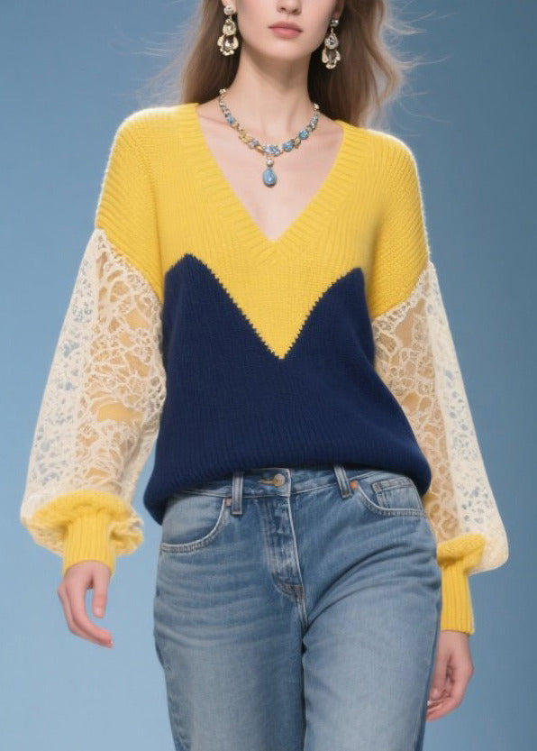 Beautiful Colorblock V Neck Patchwork Lace Knit Pullover Winter