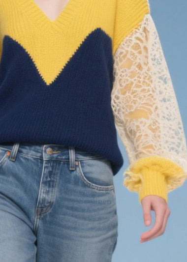 Beautiful Colorblock V Neck Patchwork Lace Knit Pullover Winter