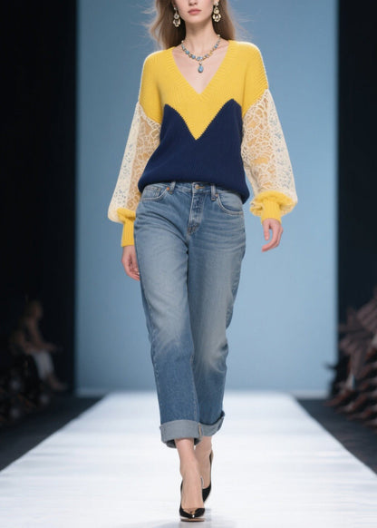 Beautiful Colorblock V Neck Patchwork Lace Knit Pullover Winter