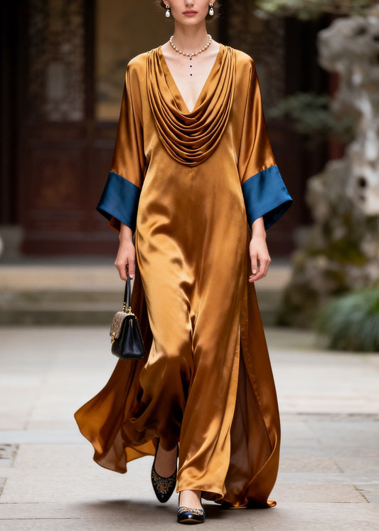 Beautiful Colorblock Wrinkled Patchwork Silk Long Dress Summer