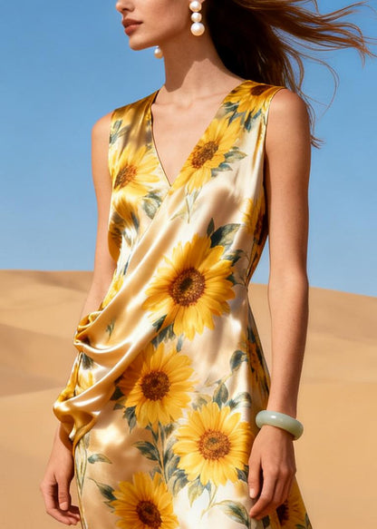 Beautiful Daisy V Neck Patchwork Linen Silk Vacation Dress Sleeveless