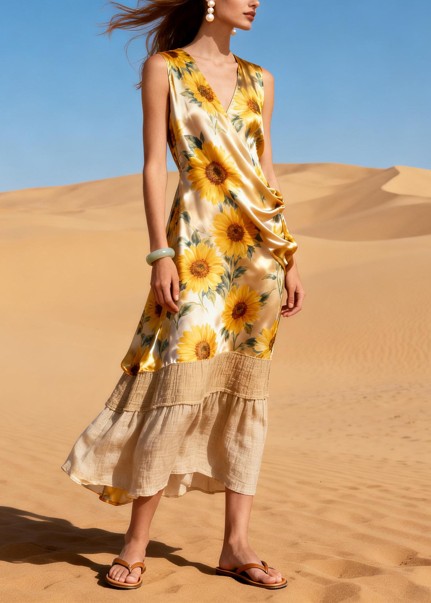 Beautiful Daisy V Neck Patchwork Linen Silk Vacation Dress Sleeveless