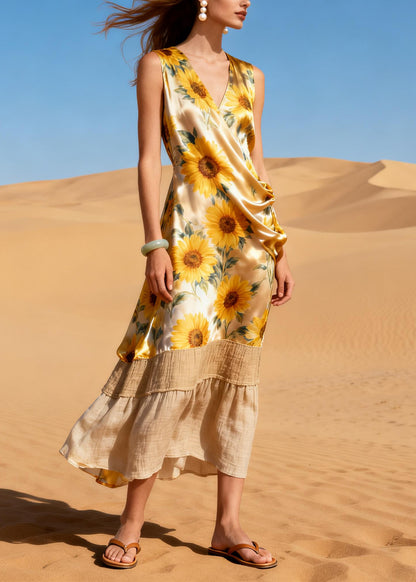 Beautiful Daisy V Neck Patchwork Linen Silk Vacation Dress Sleeveless