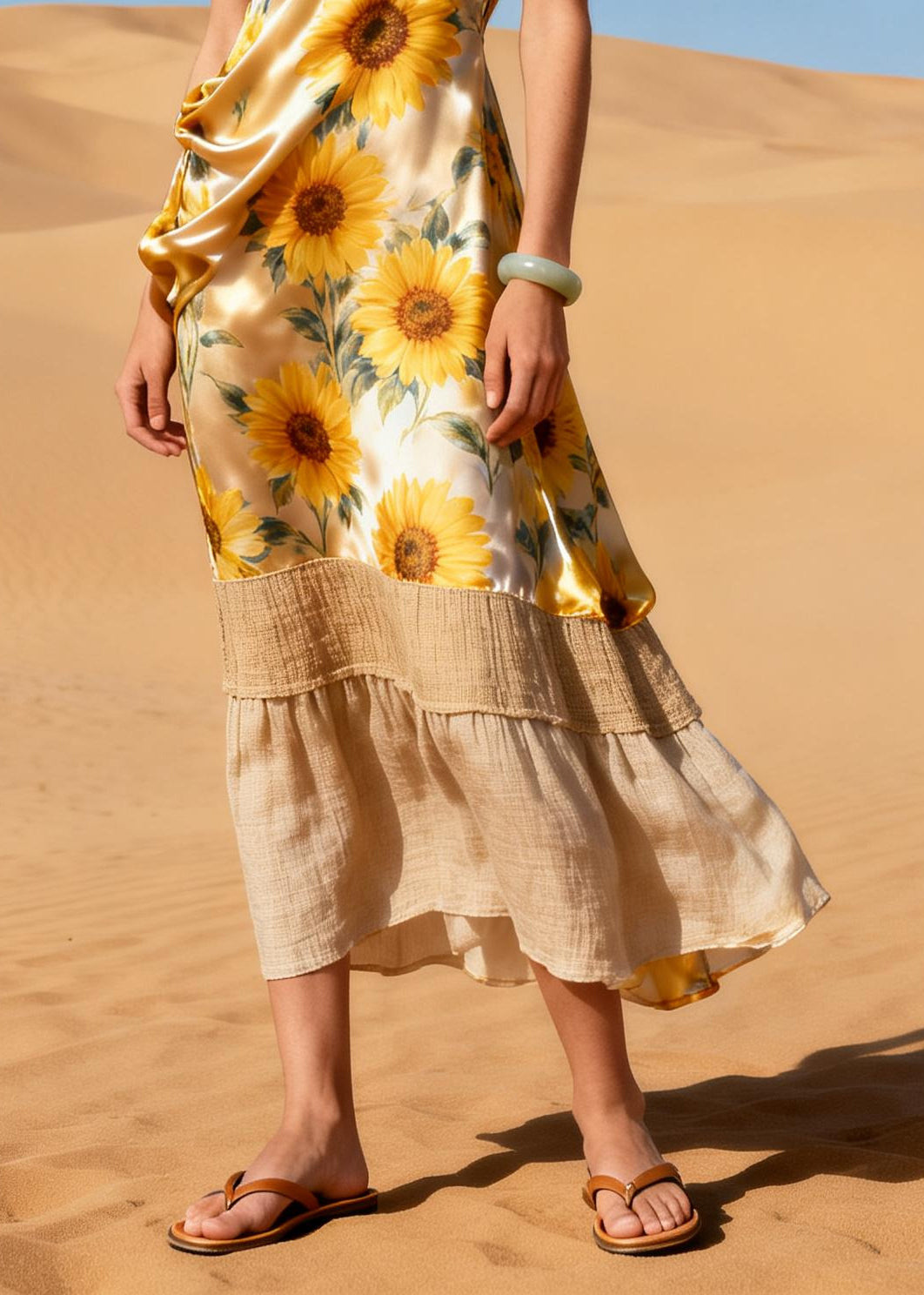 Beautiful Daisy V Neck Patchwork Linen Silk Vacation Dress Sleeveless