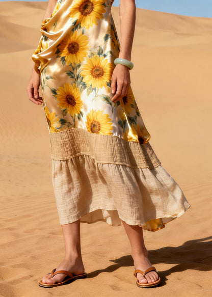 Beautiful Daisy V Neck Patchwork Linen Silk Vacation Dress Sleeveless