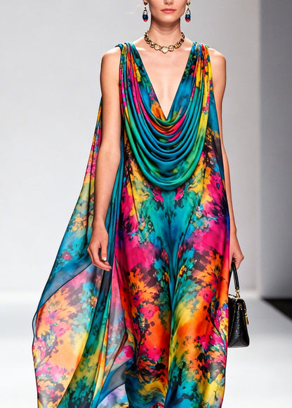 Beautiful Draped Neckline Print Floral Chiffon Dress Sleeveless