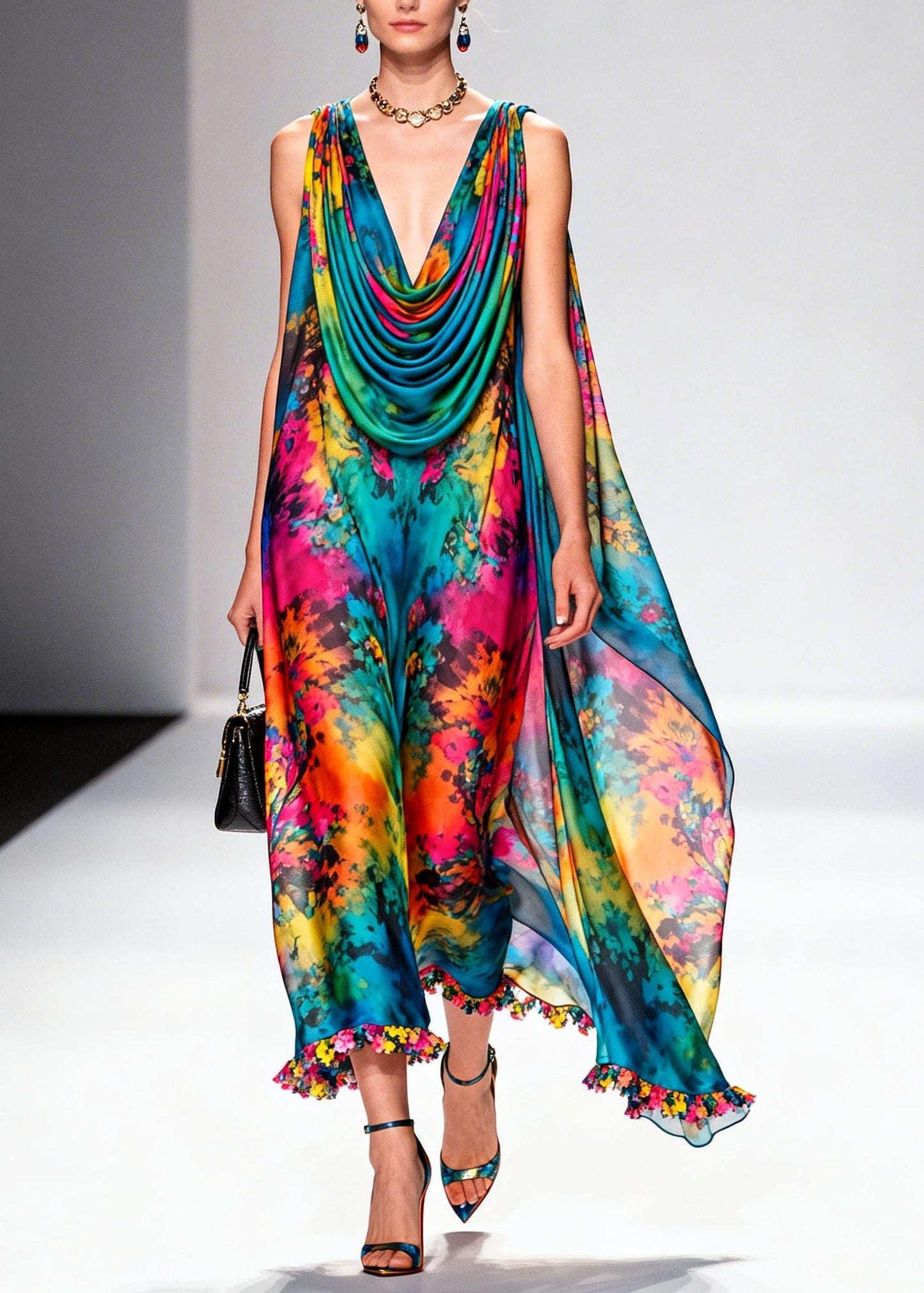 Beautiful Draped Neckline Print Floral Chiffon Dress Sleeveless