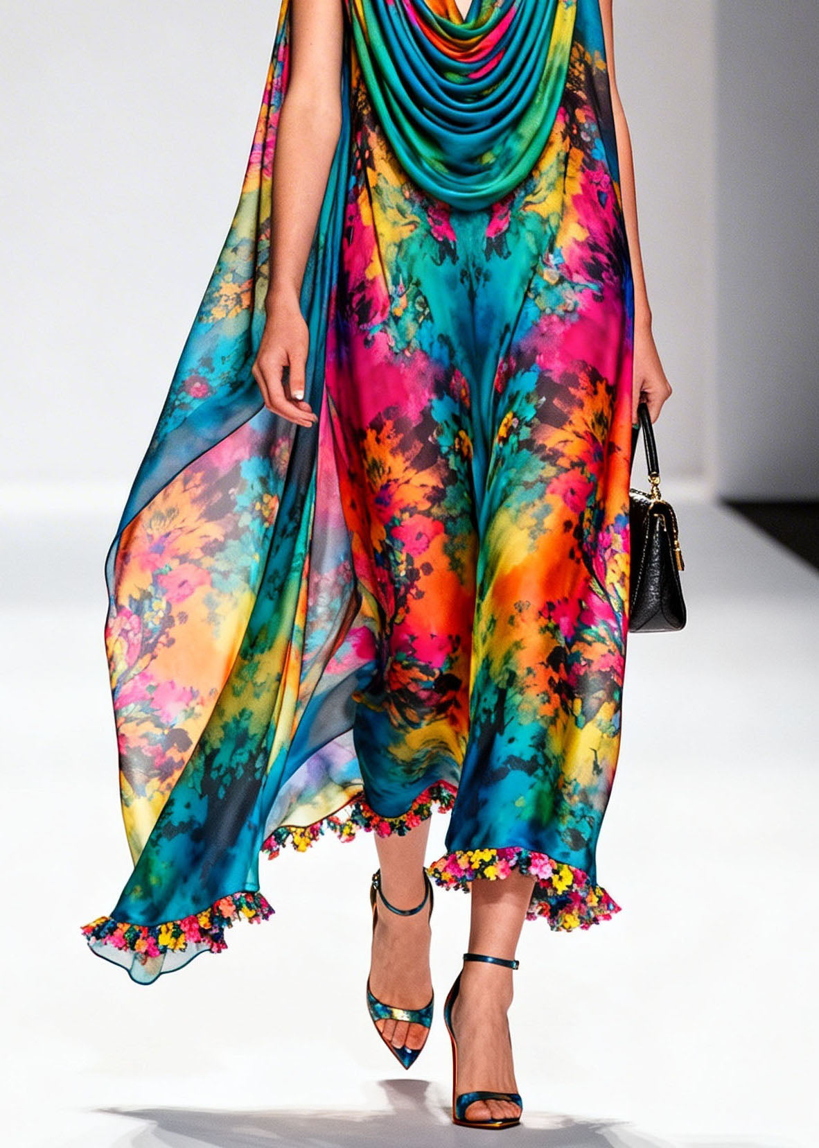 Beautiful Draped Neckline Print Floral Chiffon Dress Sleeveless