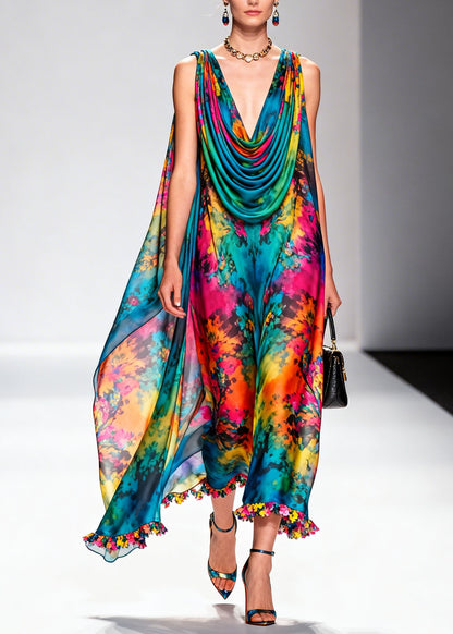 Beautiful Draped Neckline Print Floral Chiffon Dress Sleeveless