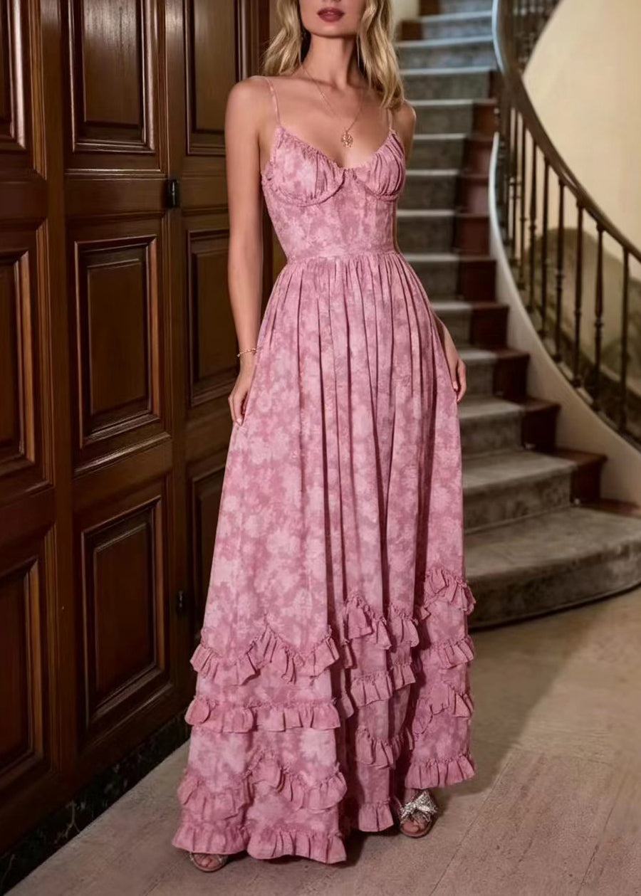 Beautiful Dusty Pink Ruffled Print Side Open Spaghetti Strap Dress Sleeveless