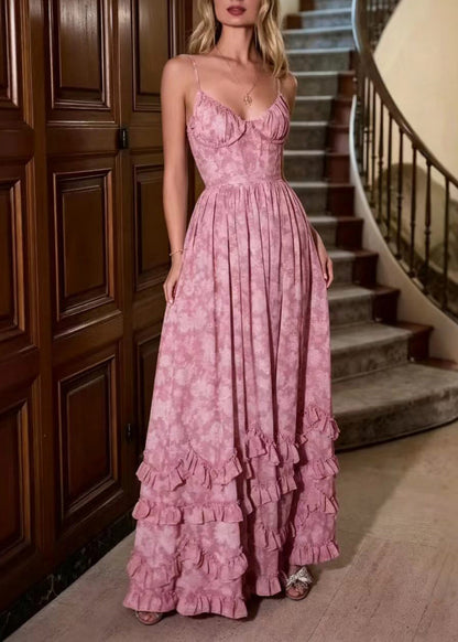 Beautiful Dusty Pink Ruffled Print Side Open Spaghetti Strap Dress Sleeveless