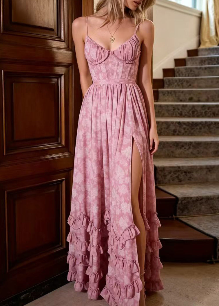 Beautiful Dusty Pink Ruffled Print Side Open Spaghetti Strap Dress Sleeveless