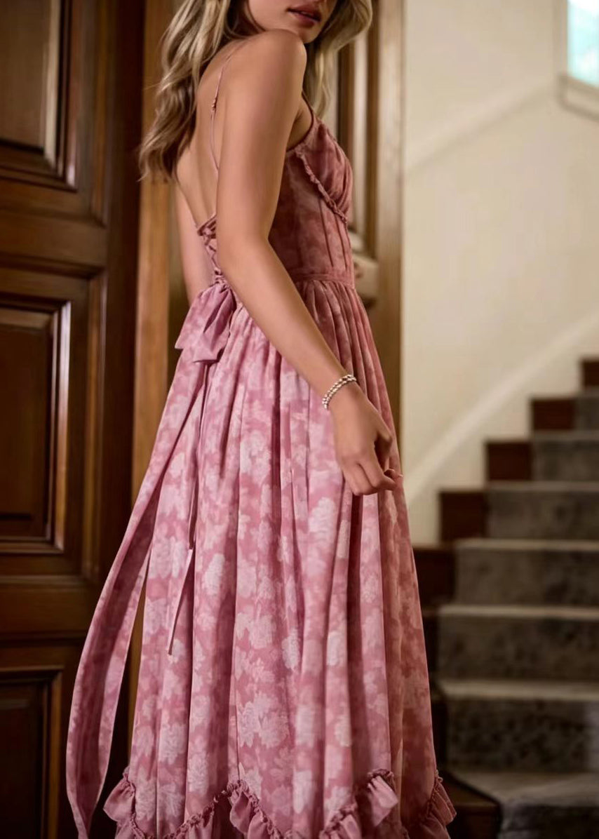 Beautiful Dusty Pink Ruffled Print Side Open Spaghetti Strap Dress Sleeveless
