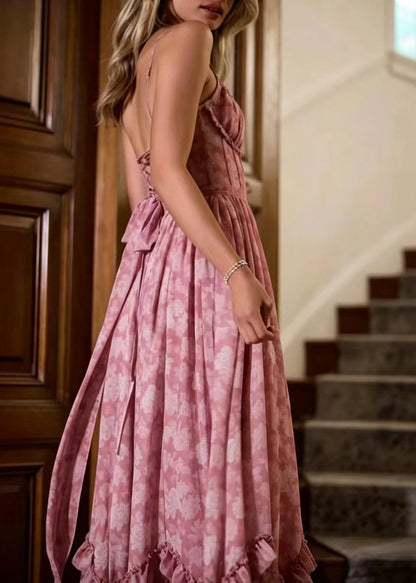 Beautiful Dusty Pink Ruffled Print Side Open Spaghetti Strap Dress Sleeveless